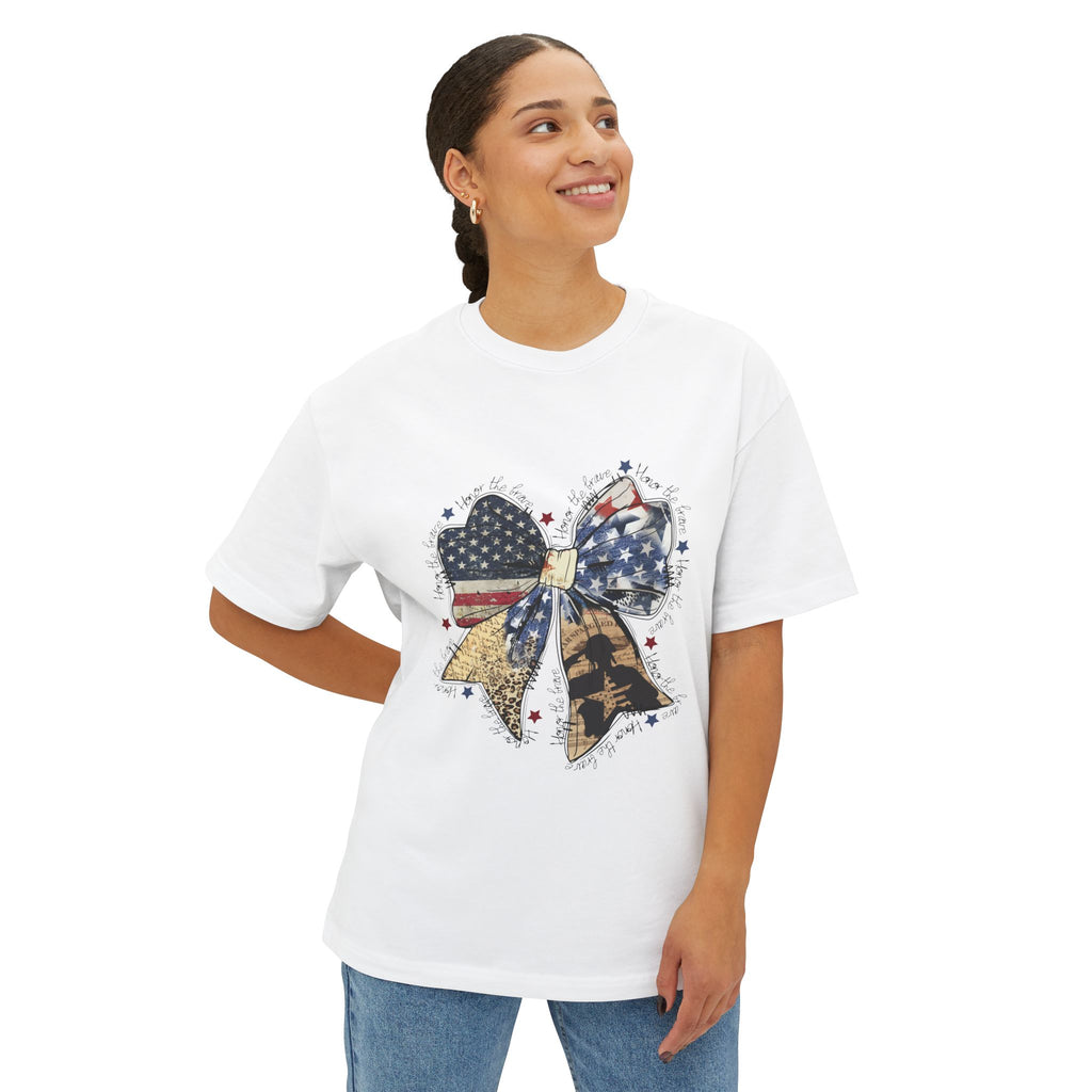 Patriotic Bow Tee — American Flag Glitter Bow Oversized T-Shirt (Copy)